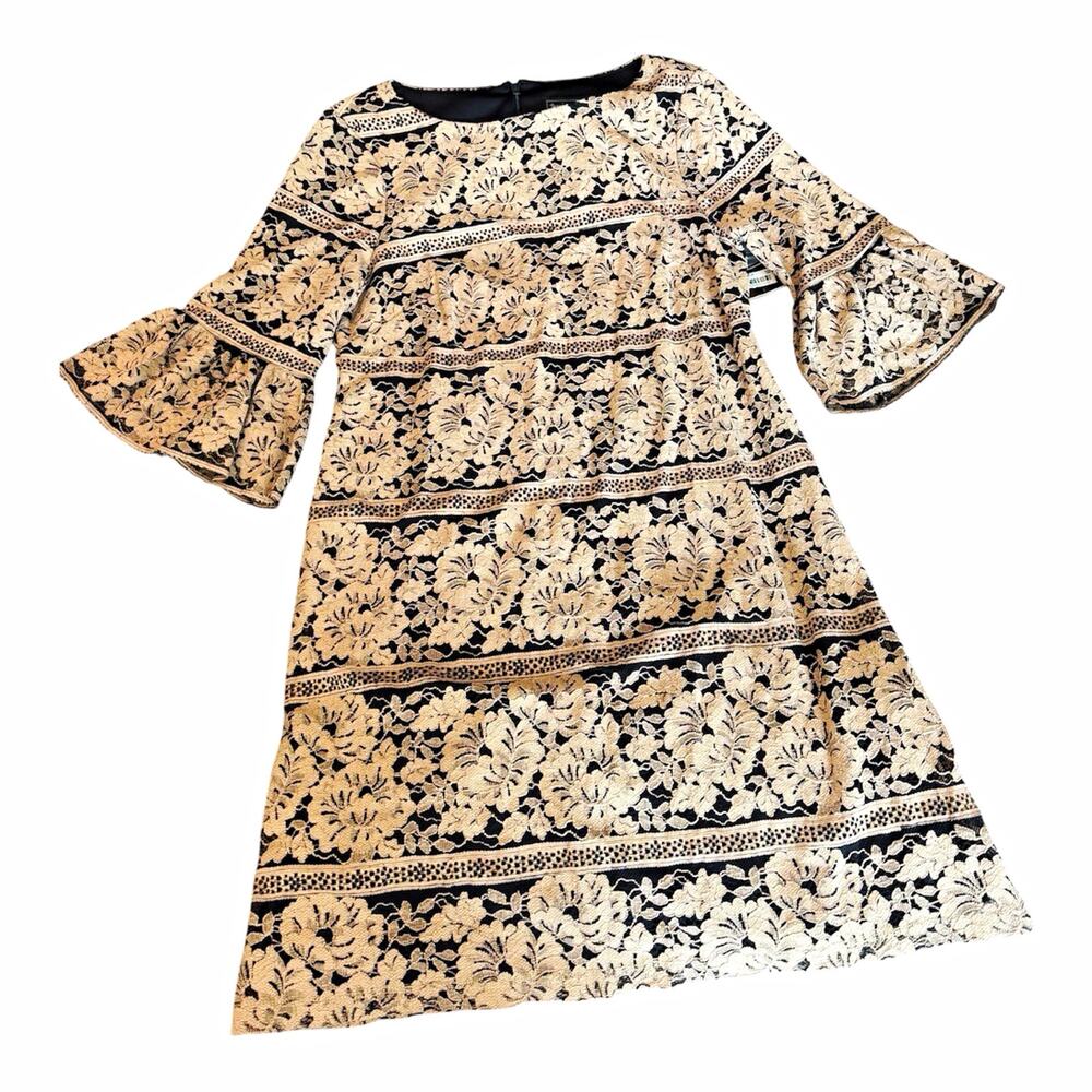 NWT Jessica Howard 8P Petite Black Floral Lace Shift Dress Bell Sleeves Cocktail